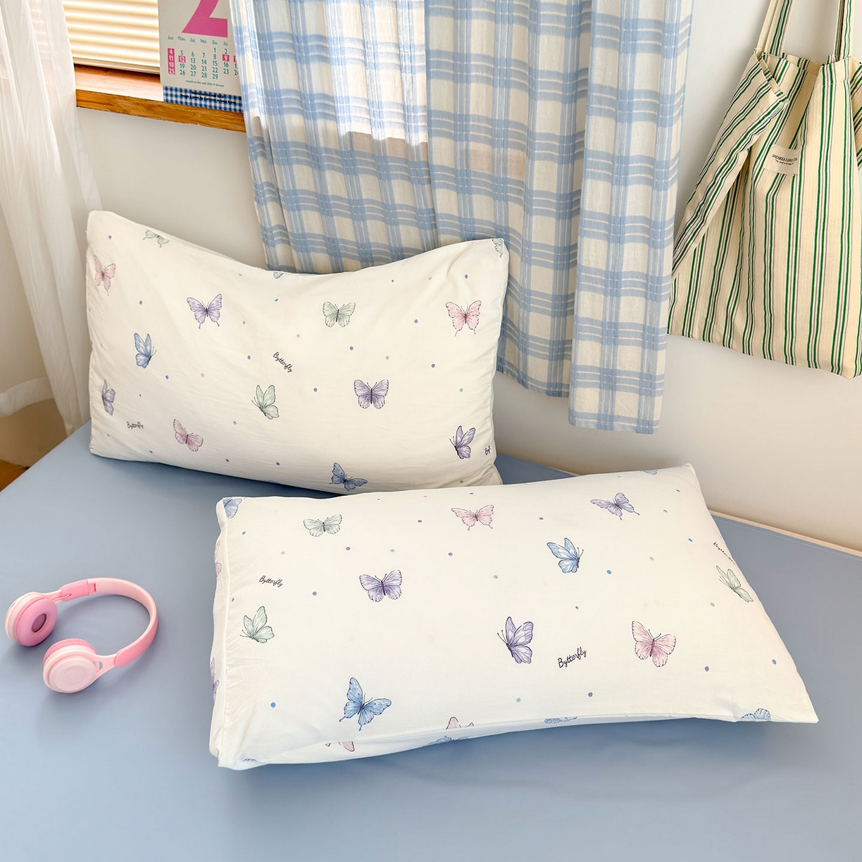 91家纺网 家纺一手货源 找家纺 罗亿家纺 2025新款软绵绵的双拼印花小清新水洗云朵棉四件套(第二批) 彩蝴蝶