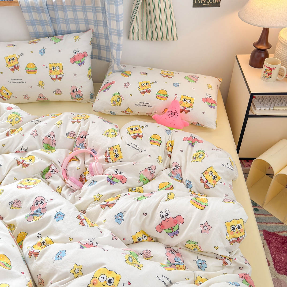 罗亿家纺 2025新款软绵绵的双拼印花小清新水洗云朵棉四件套(第二批) 开心小海棉