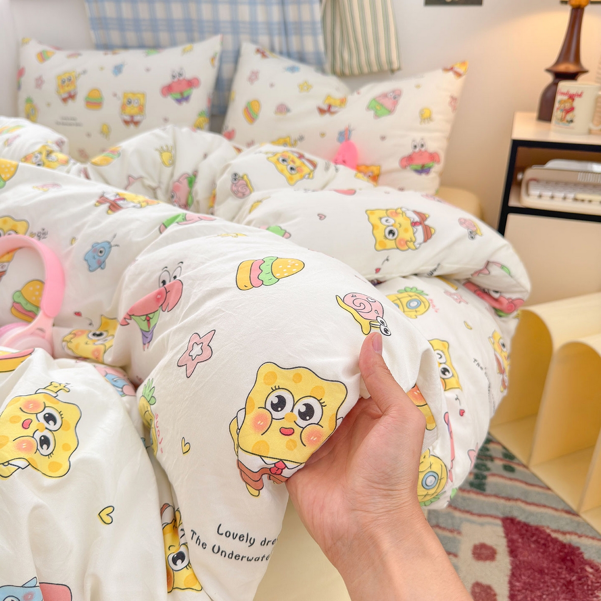 91家纺网 家纺一手货源 找家纺 罗亿家纺 2025新款软绵绵的双拼印花小清新水洗云朵棉四件套(第二批) 开心小海棉