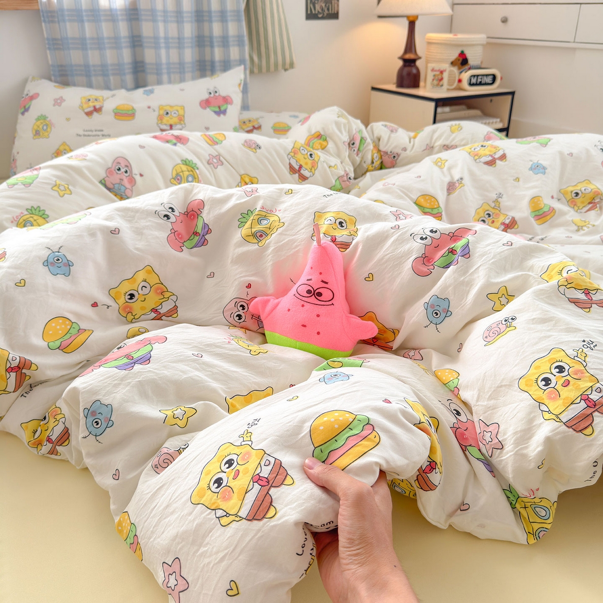 91家纺网 家纺一手货源 找家纺 罗亿家纺 2025新款软绵绵的双拼印花小清新水洗云朵棉四件套(第二批) 开心小海棉