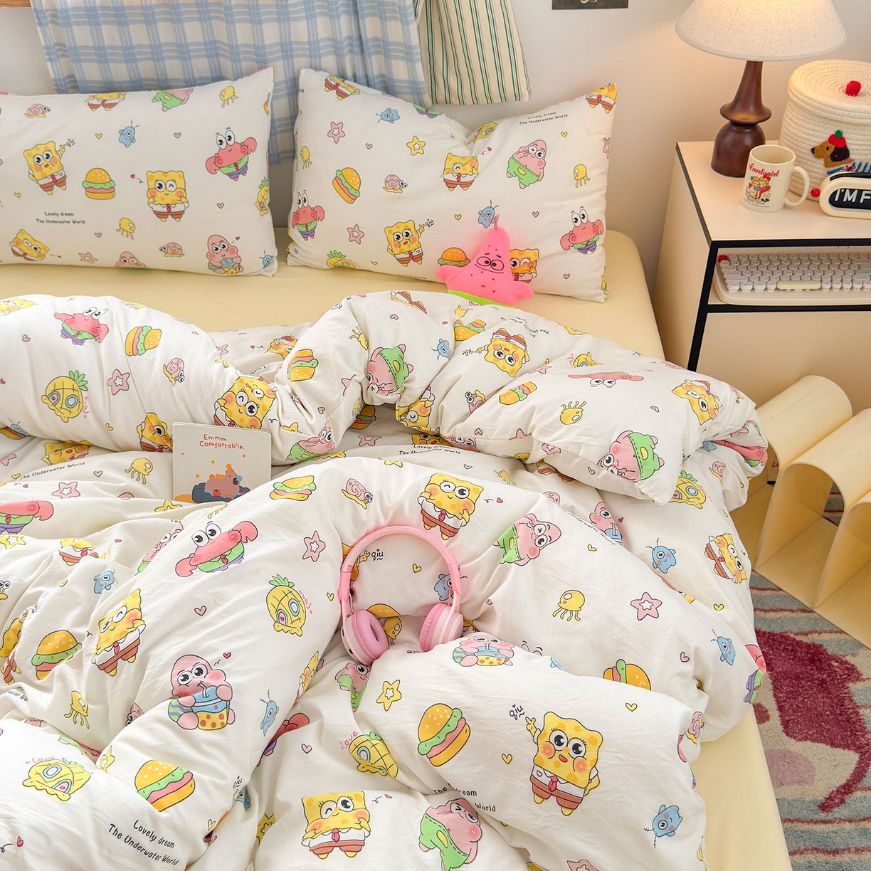 91家纺网 家纺一手货源 找家纺 罗亿家纺 2025新款软绵绵的双拼印花小清新水洗云朵棉四件套(第二批) 开心小海棉