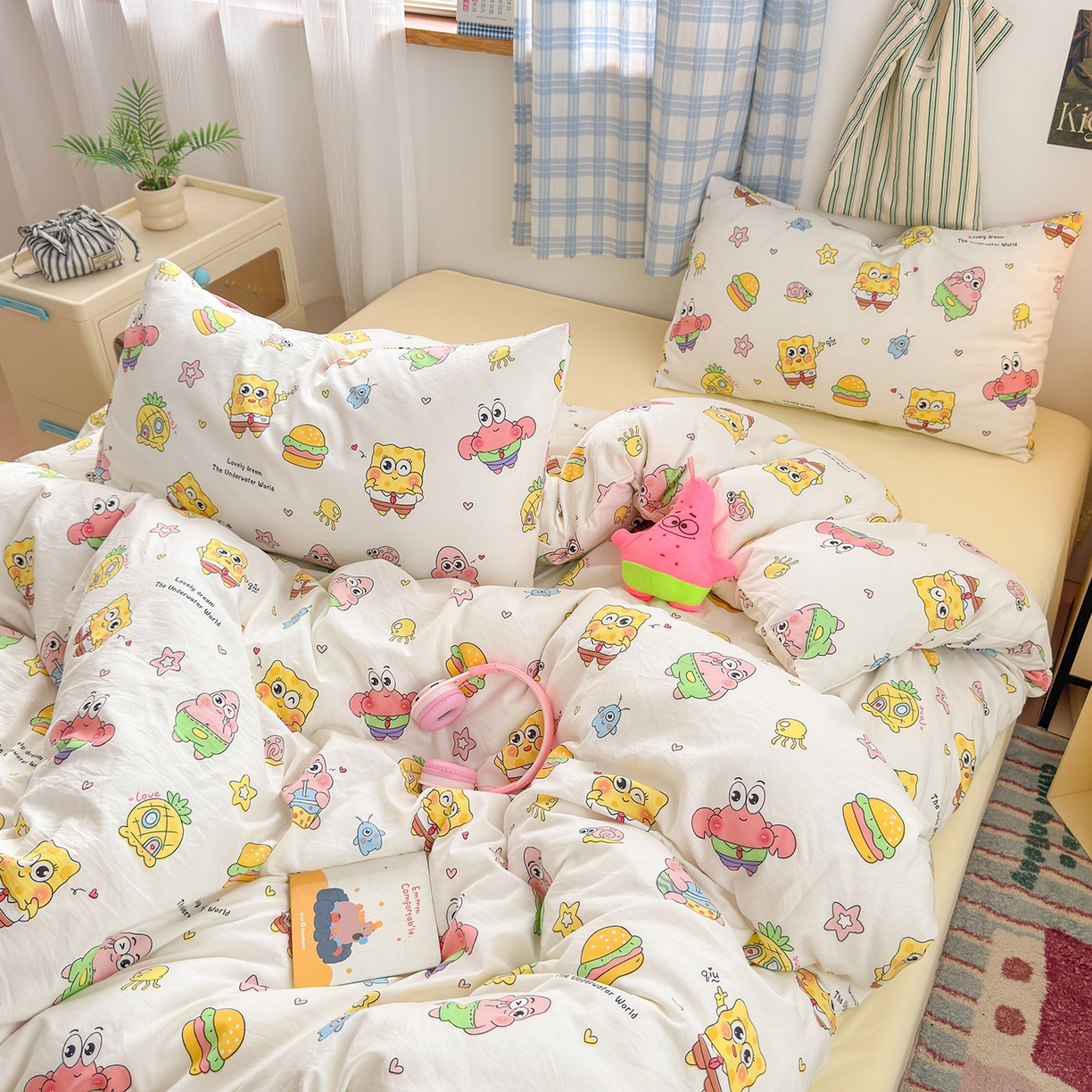 91家纺网 家纺一手货源 找家纺 罗亿家纺 2025新款软绵绵的双拼印花小清新水洗云朵棉四件套(第二批) 开心小海棉