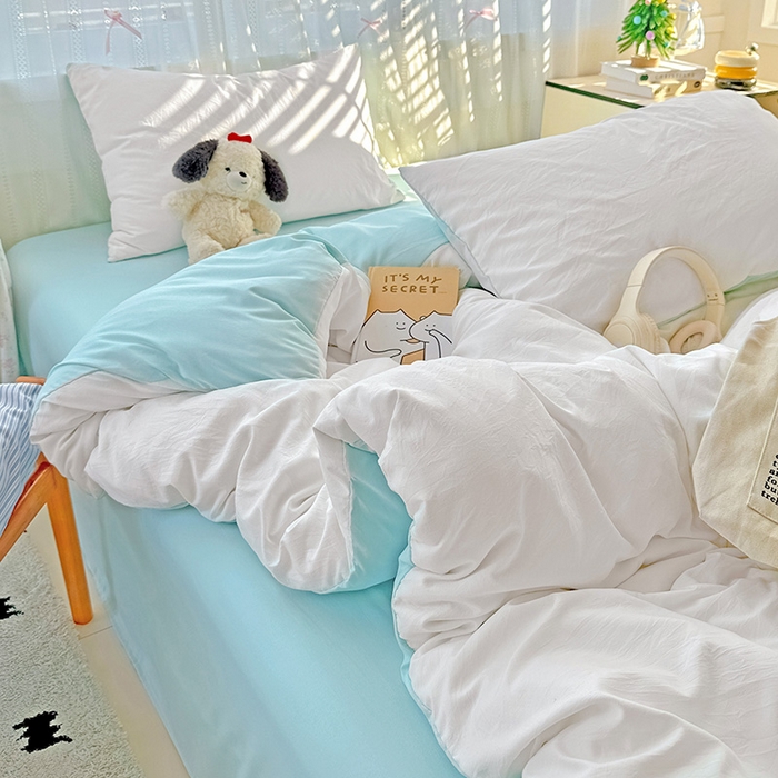 繁花家居 2025新款高克重撞色水洗棉四件套 海盐极白