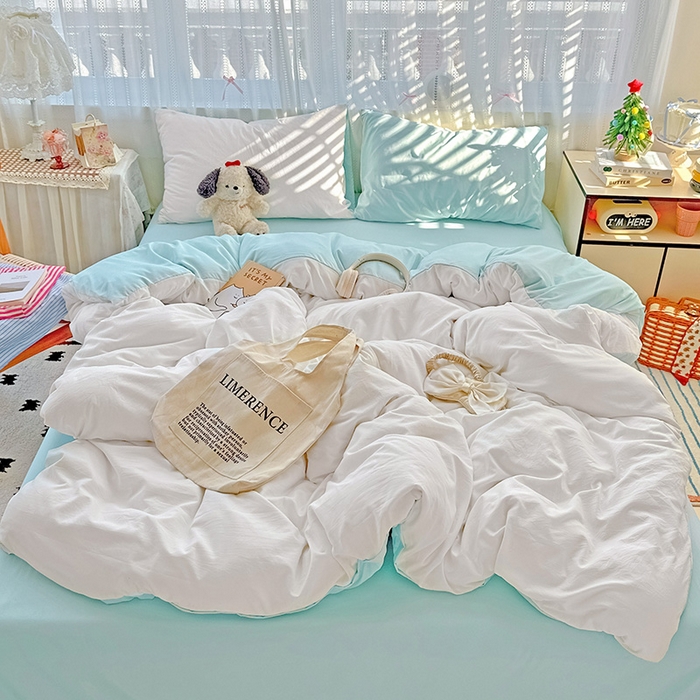 91家纺网 家纺一手货源 找家纺 繁花家居 2025新款高克重撞色水洗棉四件套 海盐极白