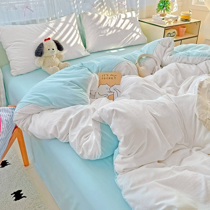 91家纺网 家纺一手货源 找家纺 繁花家居 2025新款高克重撞色水洗棉四件套 海盐极白