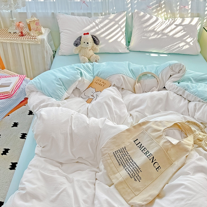 91家纺网 家纺一手货源 找家纺 繁花家居 2025新款高克重撞色水洗棉四件套 海盐极白