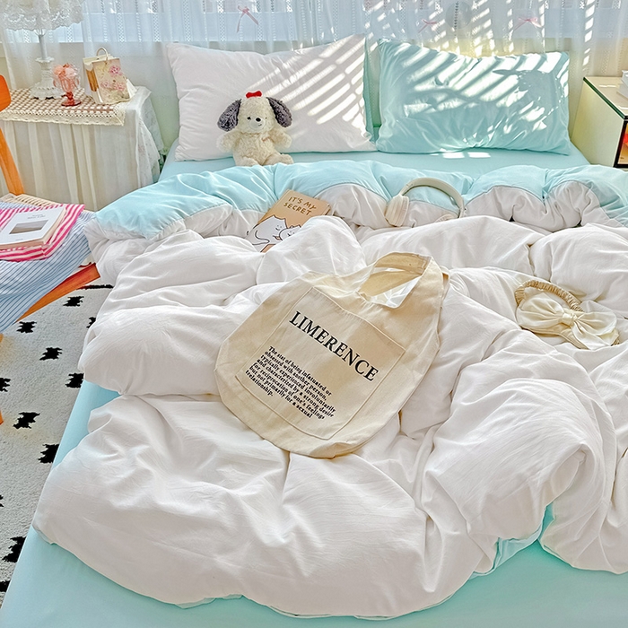 91家纺网 家纺一手货源 找家纺 繁花家居 2025新款高克重撞色水洗棉四件套 海盐极白