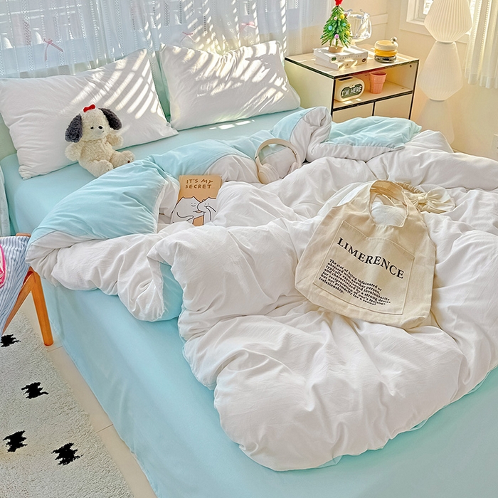 91家纺网 家纺一手货源 找家纺 繁花家居 2025新款高克重撞色水洗棉四件套 海盐极白