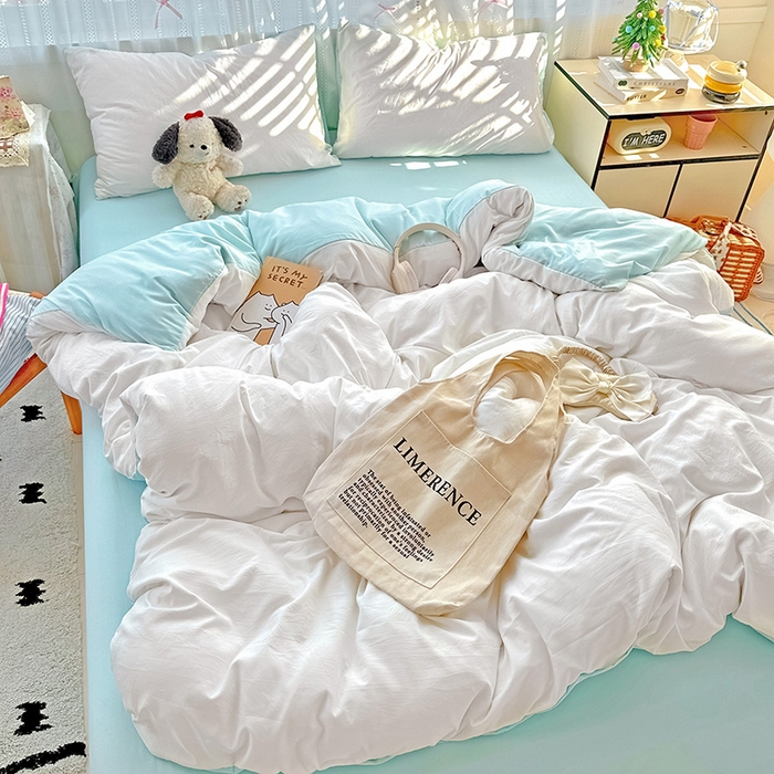 91家纺网 家纺一手货源 找家纺 繁花家居 2025新款高克重撞色水洗棉四件套 海盐极白