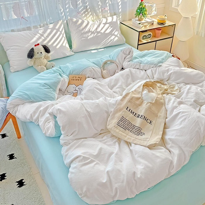 91家纺网 家纺一手货源 找家纺 繁花家居 2025新款高克重撞色水洗棉四件套 海盐极白