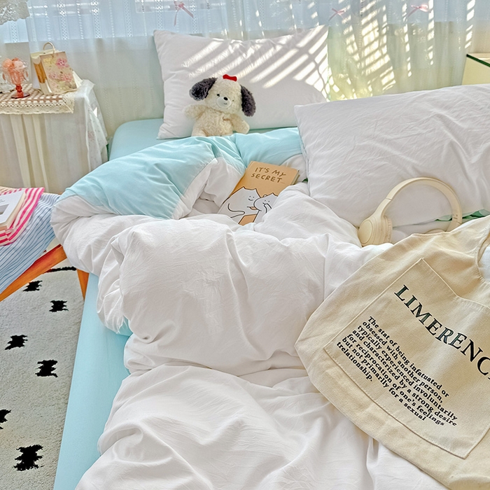 91家纺网 家纺一手货源 找家纺 繁花家居 2025新款高克重撞色水洗棉四件套 海盐极白