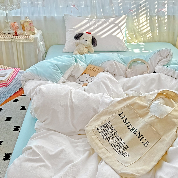 91家纺网 家纺一手货源 找家纺 繁花家居 2025新款高克重撞色水洗棉四件套 海盐极白