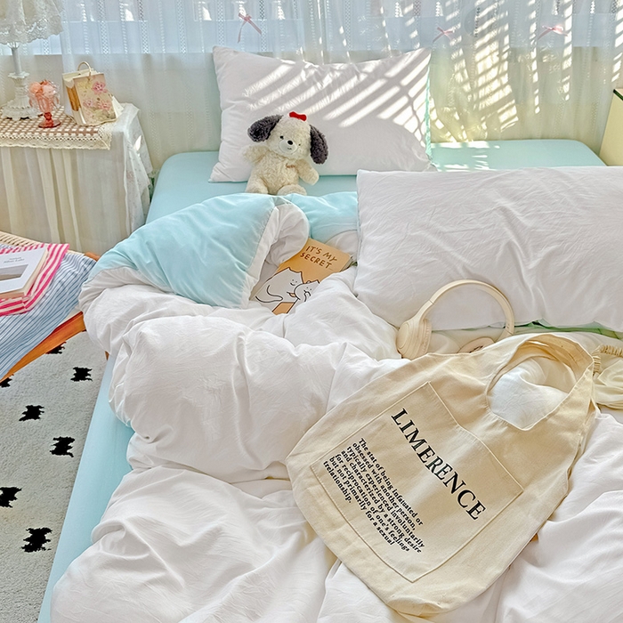 91家纺网 家纺一手货源 找家纺 繁花家居 2025新款高克重撞色水洗棉四件套 海盐极白