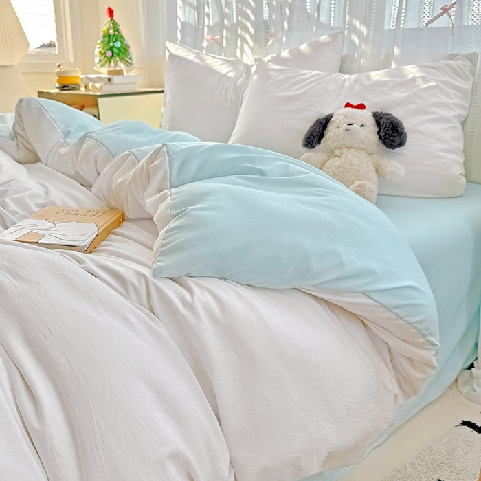 91家纺网 家纺一手货源 找家纺 繁花家居 2025新款高克重撞色水洗棉四件套 海盐极白