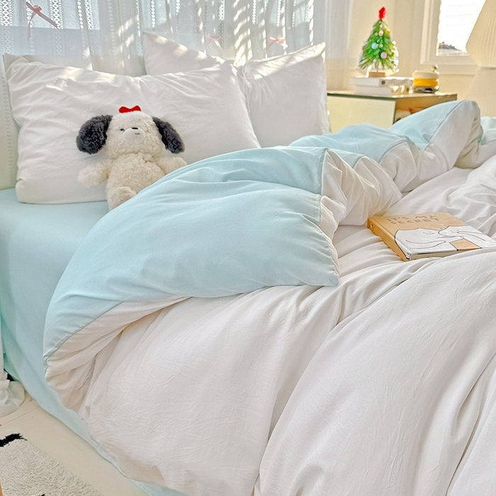 91家纺网 家纺一手货源 找家纺 繁花家居 2025新款高克重撞色水洗棉四件套 海盐极白