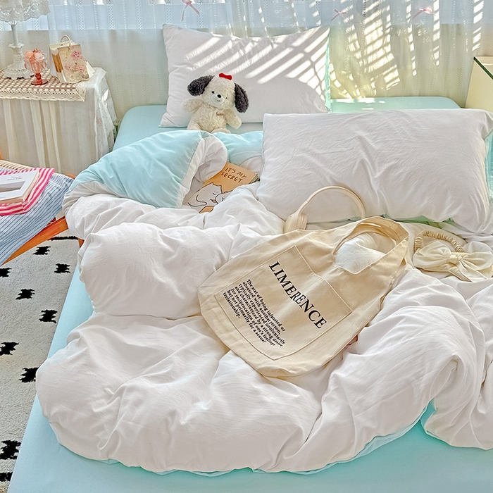 91家纺网 家纺一手货源 找家纺 繁花家居 2025新款高克重撞色水洗棉四件套 海盐极白