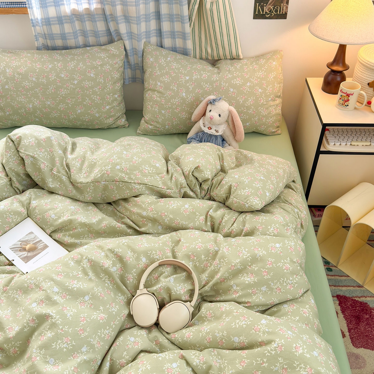 91家纺网 家纺一手货源 找家纺 罗亿家纺 2025新款软绵绵的双拼印花小清新水洗云朵棉四件套(第二批) 春江雾