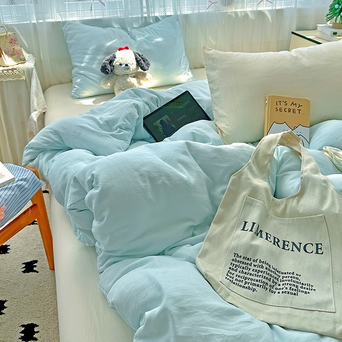 91家纺网 家纺一手货源 找家纺 繁花家居 2025新款高克重撞色水洗棉四件套 海盐可可白