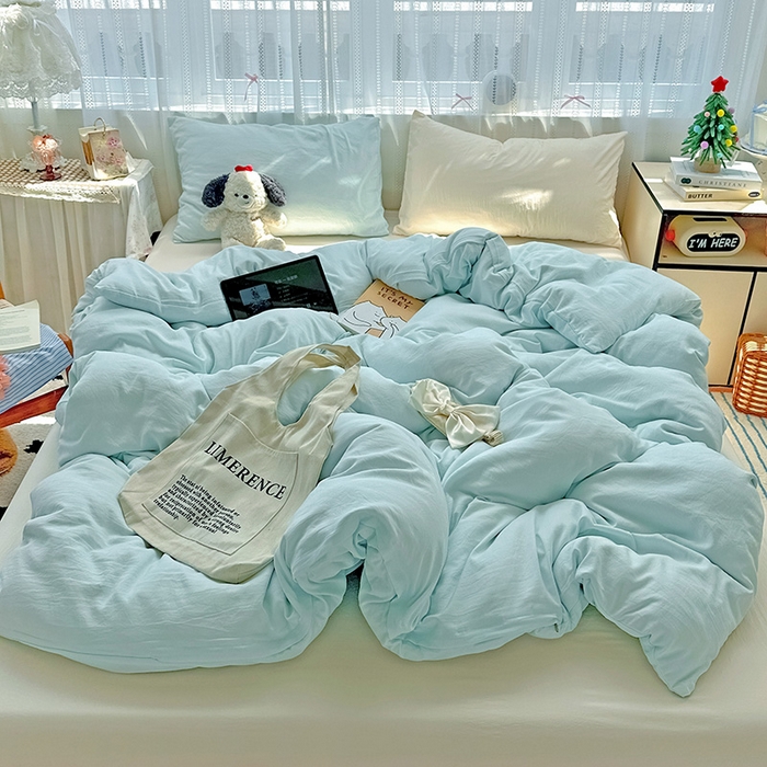 91家纺网 家纺一手货源 找家纺 繁花家居 2025新款高克重撞色水洗棉四件套 海盐可可白