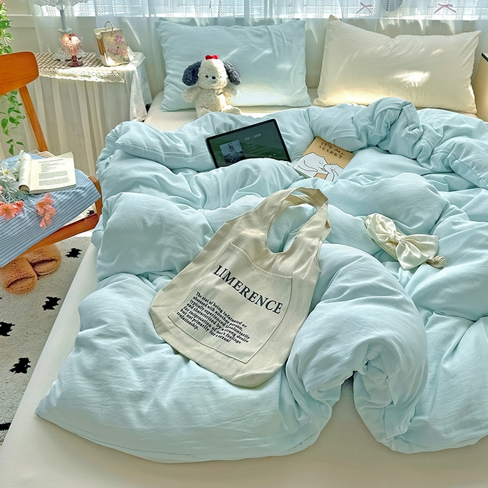 91家纺网 家纺一手货源 找家纺 繁花家居 2025新款高克重撞色水洗棉四件套 海盐可可白