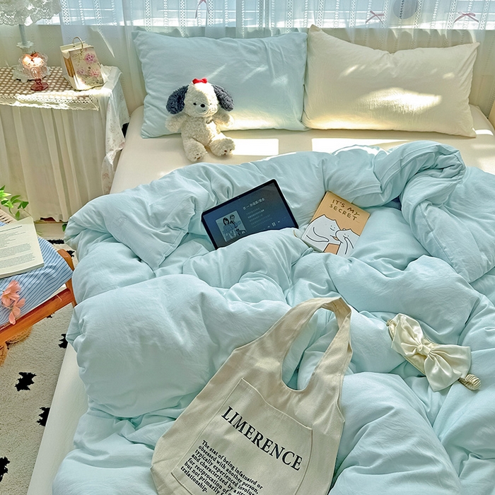 91家纺网 家纺一手货源 找家纺 繁花家居 2025新款高克重撞色水洗棉四件套 海盐可可白