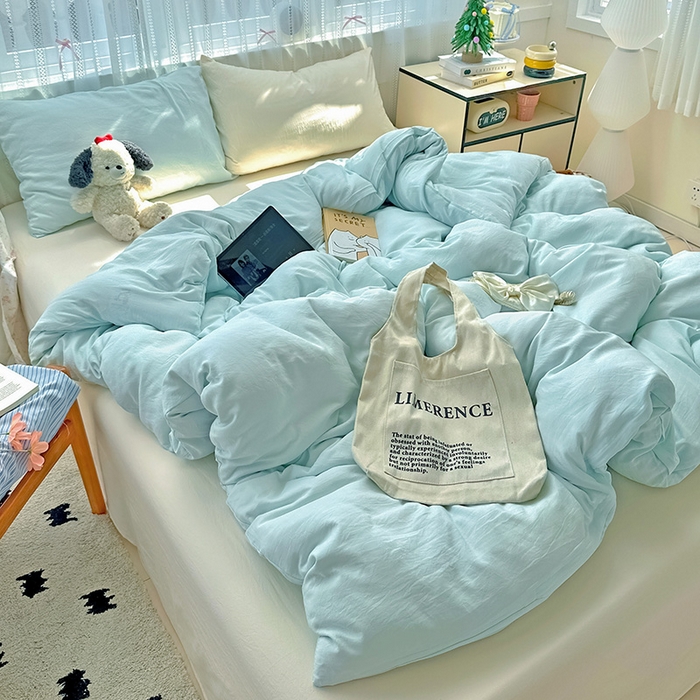 91家纺网 家纺一手货源 找家纺 繁花家居 2025新款高克重撞色水洗棉四件套 海盐可可白