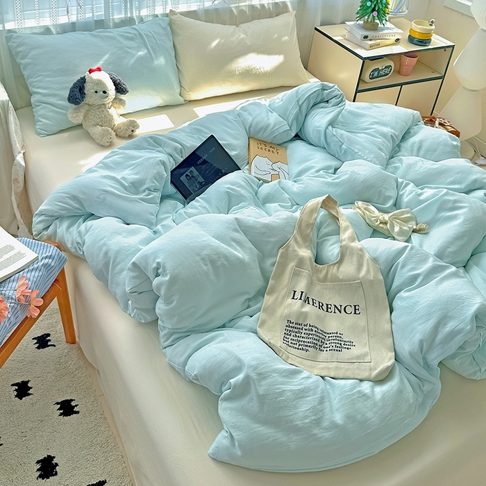 91家纺网 家纺一手货源 找家纺 繁花家居 2025新款高克重撞色水洗棉四件套 海盐可可白