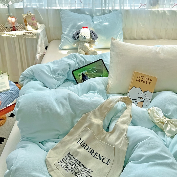 91家纺网 家纺一手货源 找家纺 繁花家居 2025新款高克重撞色水洗棉四件套 海盐可可白