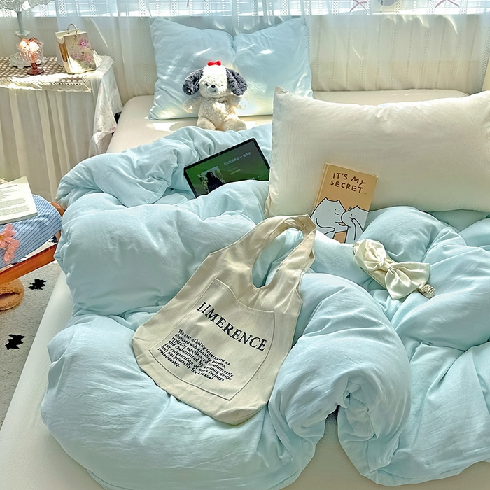 91家纺网 家纺一手货源 找家纺 繁花家居 2025新款高克重撞色水洗棉四件套 海盐可可白