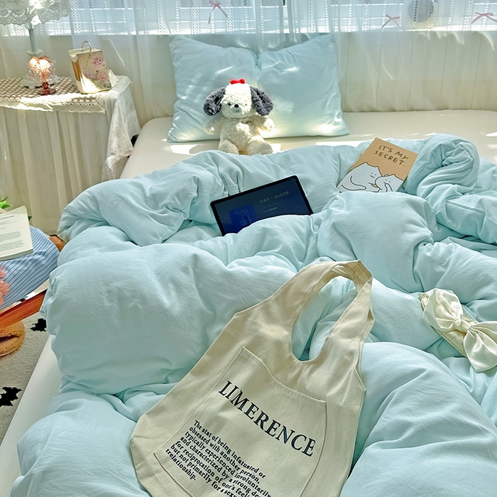 91家纺网 家纺一手货源 找家纺 繁花家居 2025新款高克重撞色水洗棉四件套 海盐可可白