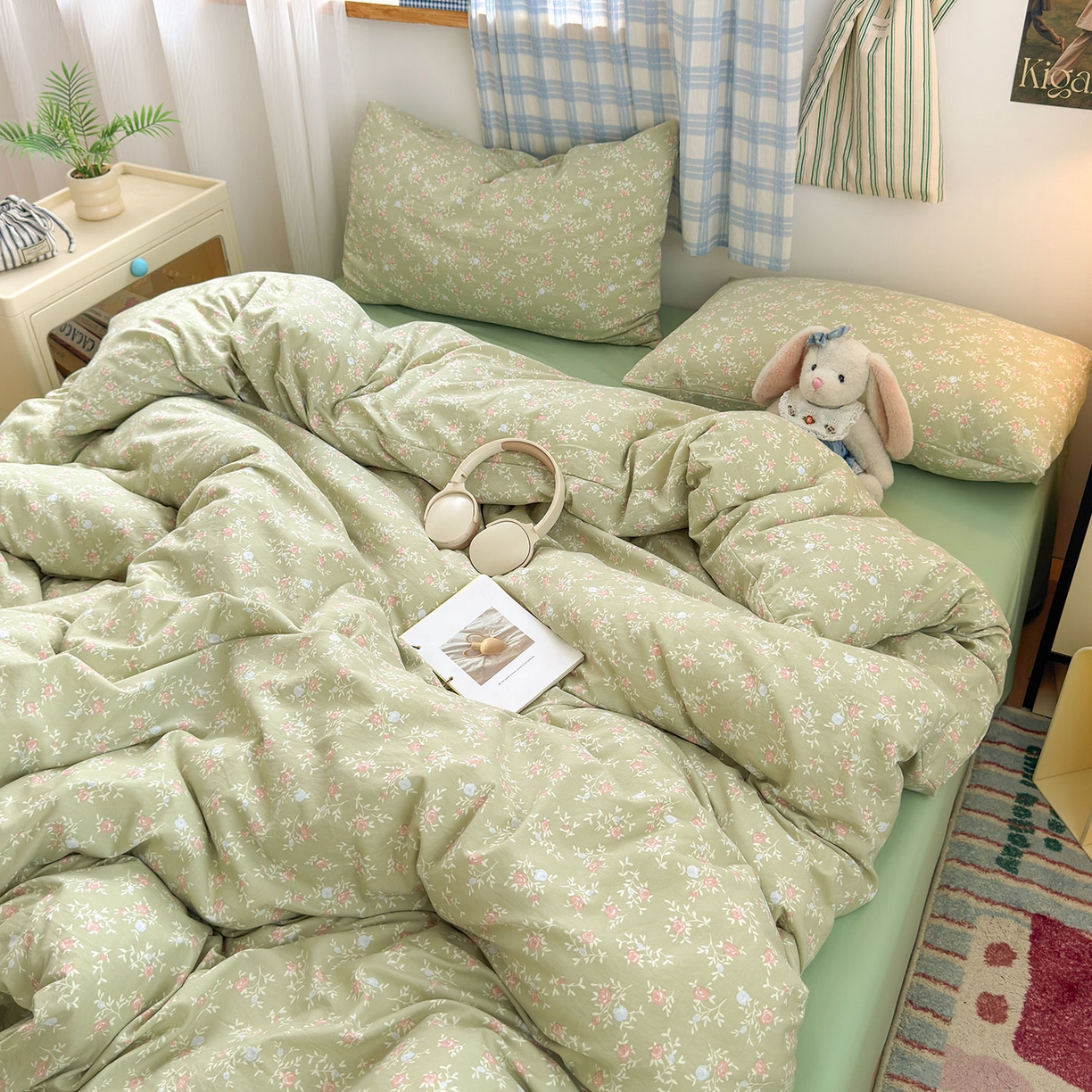 91家纺网 家纺一手货源 找家纺 罗亿家纺 2025新款软绵绵的双拼印花小清新水洗云朵棉四件套(第二批) 春江雾