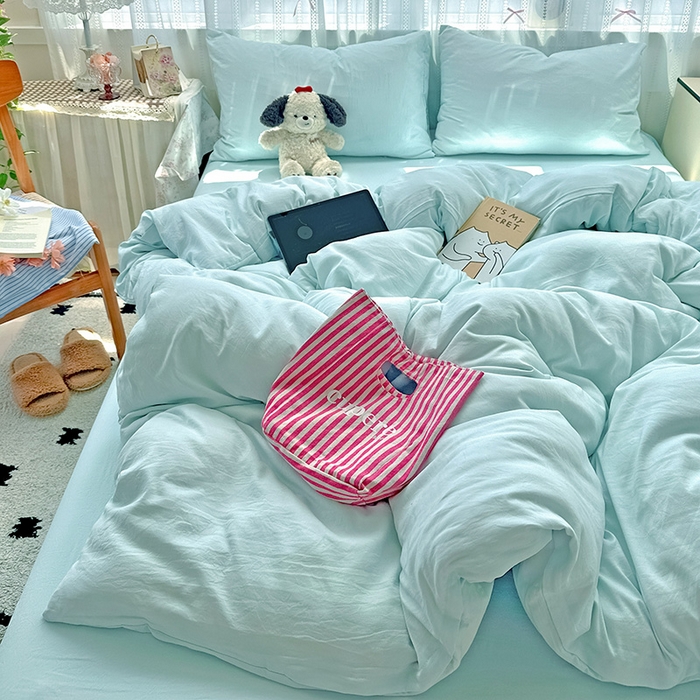 91家纺网 家纺一手货源 找家纺 繁花家居 2025新款高克重撞色水洗棉四件套 海盐蓝