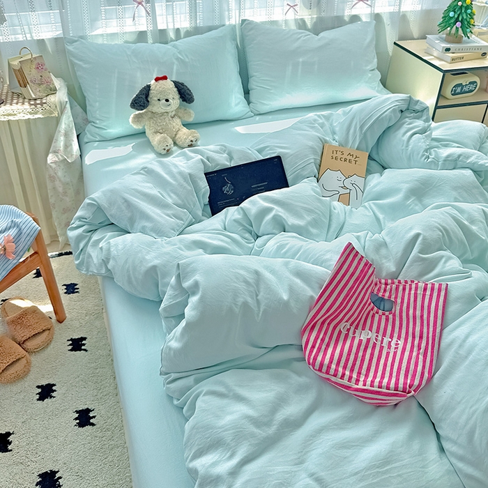 91家纺网 家纺一手货源 找家纺 繁花家居 2025新款高克重撞色水洗棉四件套 海盐蓝