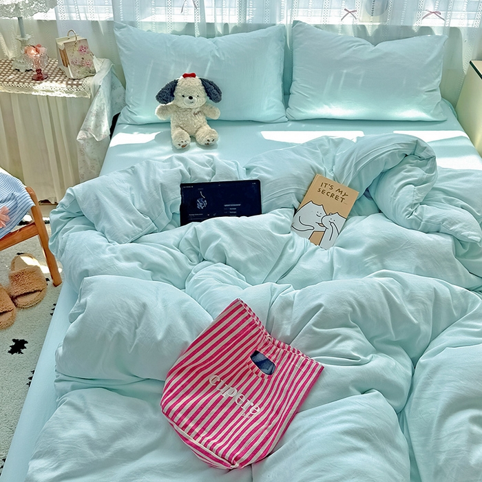 91家纺网 家纺一手货源 找家纺 繁花家居 2025新款高克重撞色水洗棉四件套 海盐蓝