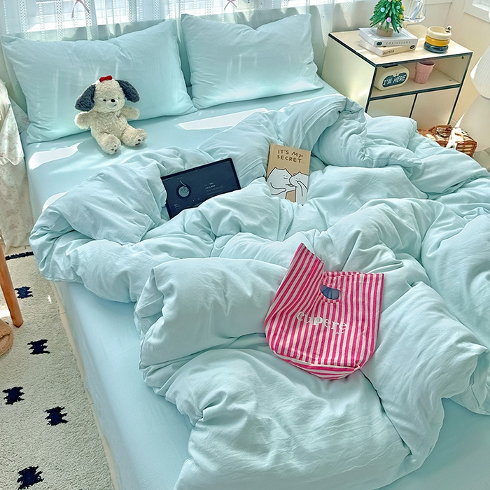 91家纺网 家纺一手货源 找家纺 繁花家居 2025新款高克重撞色水洗棉四件套 海盐蓝