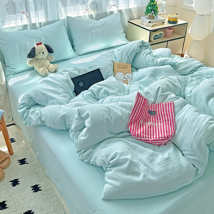 91家纺网 家纺一手货源 找家纺 繁花家居 2025新款高克重撞色水洗棉四件套 海盐蓝