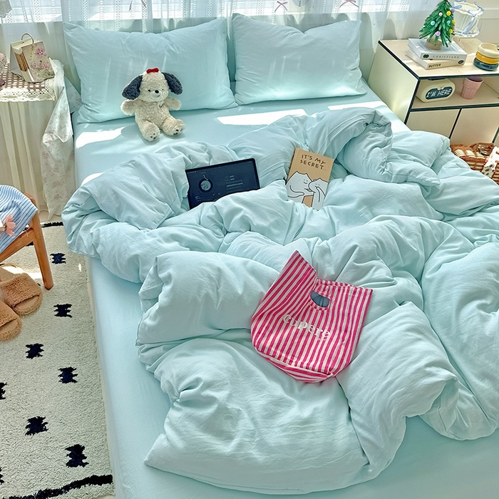 91家纺网 家纺一手货源 找家纺 繁花家居 2025新款高克重撞色水洗棉四件套 海盐蓝