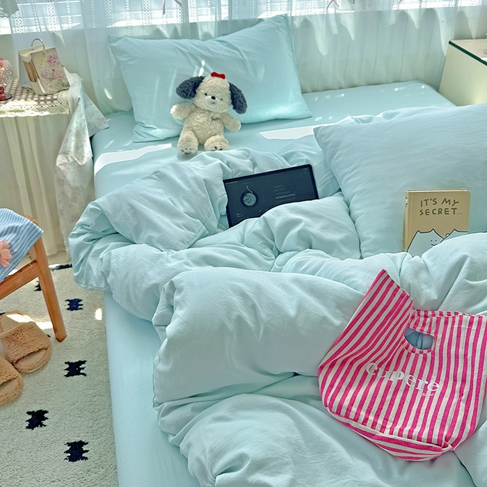 91家纺网 家纺一手货源 找家纺 繁花家居 2025新款高克重撞色水洗棉四件套 海盐蓝