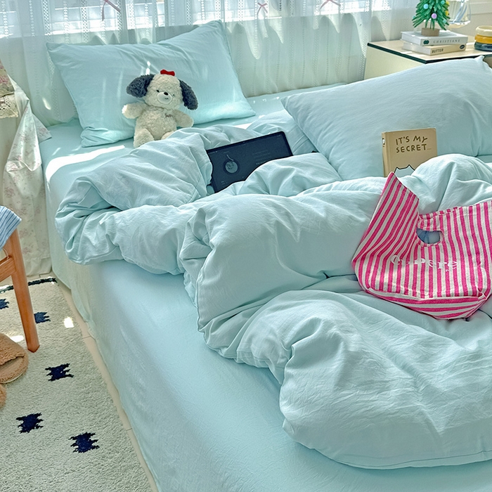 91家纺网 家纺一手货源 找家纺 繁花家居 2025新款高克重撞色水洗棉四件套 海盐蓝