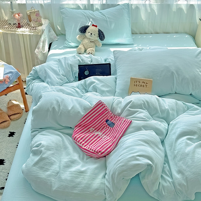 91家纺网 家纺一手货源 找家纺 繁花家居 2025新款高克重撞色水洗棉四件套 海盐蓝