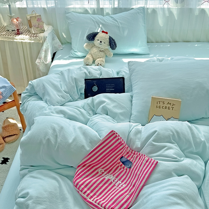 91家纺网 家纺一手货源 找家纺 繁花家居 2025新款高克重撞色水洗棉四件套 海盐蓝