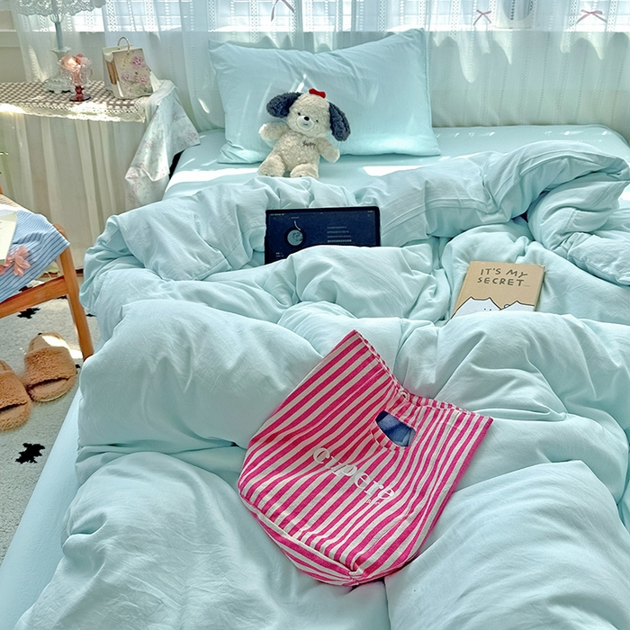 91家纺网 家纺一手货源 找家纺 繁花家居 2025新款高克重撞色水洗棉四件套 海盐蓝