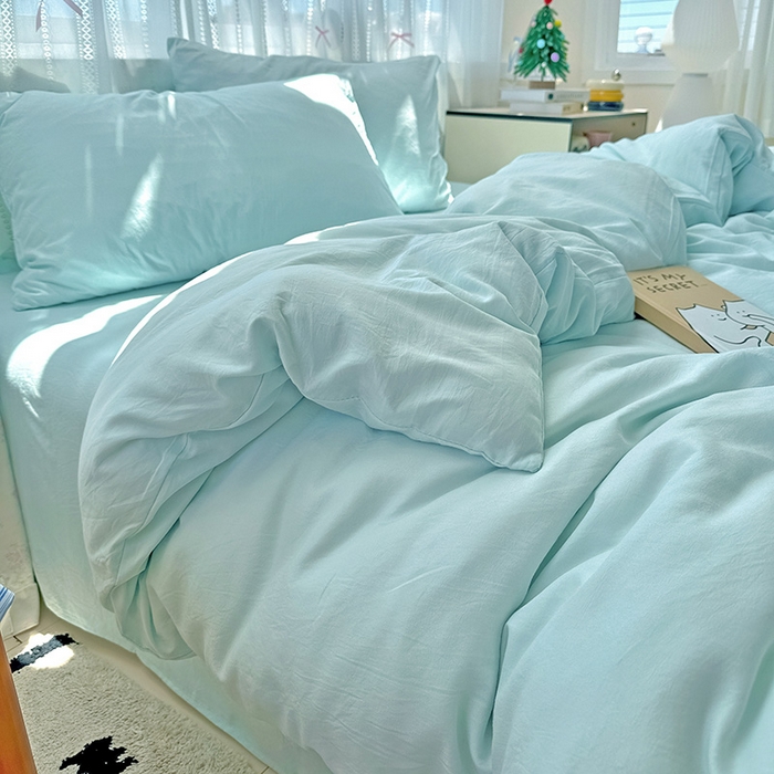 91家纺网 家纺一手货源 找家纺 繁花家居 2025新款高克重撞色水洗棉四件套 海盐蓝