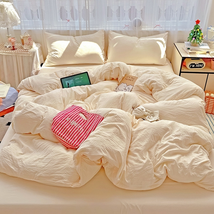 91家纺网 家纺一手货源 找家纺 繁花家居 2025新款高克重撞色水洗棉四件套 可可白