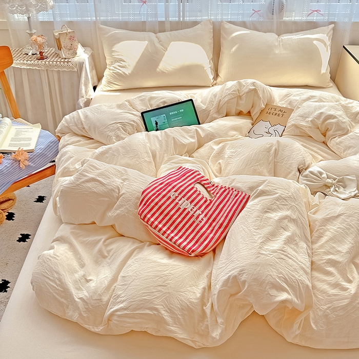 91家纺网 家纺一手货源 找家纺 繁花家居 2025新款高克重撞色水洗棉四件套 可可白