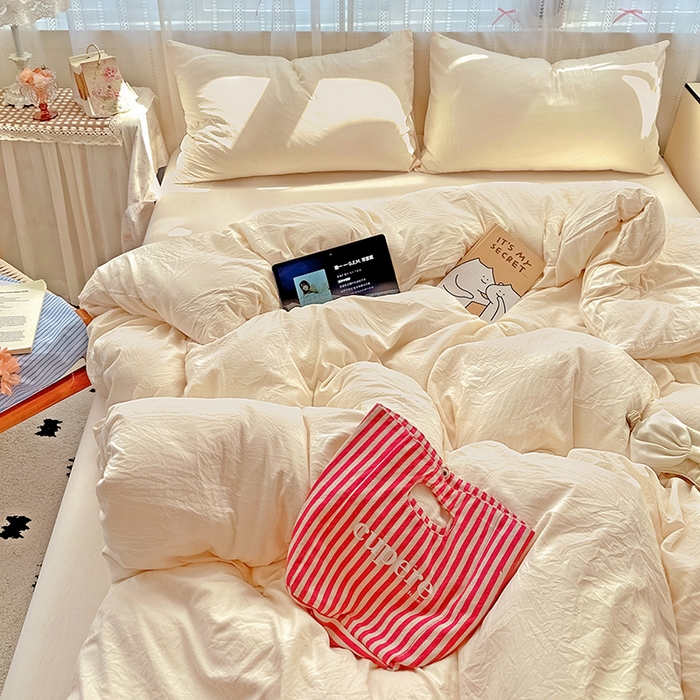 91家纺网 家纺一手货源 找家纺 繁花家居 2025新款高克重撞色水洗棉四件套 可可白