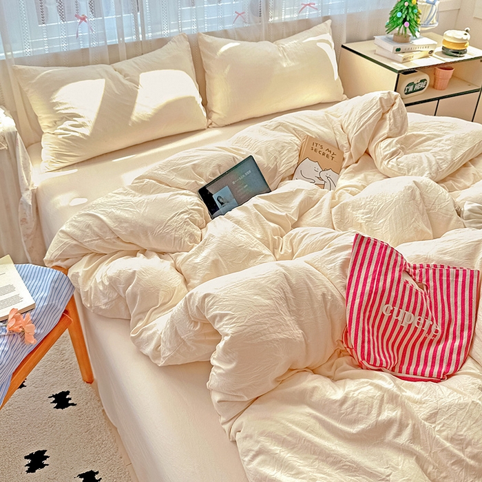 91家纺网 家纺一手货源 找家纺 繁花家居 2025新款高克重撞色水洗棉四件套 可可白