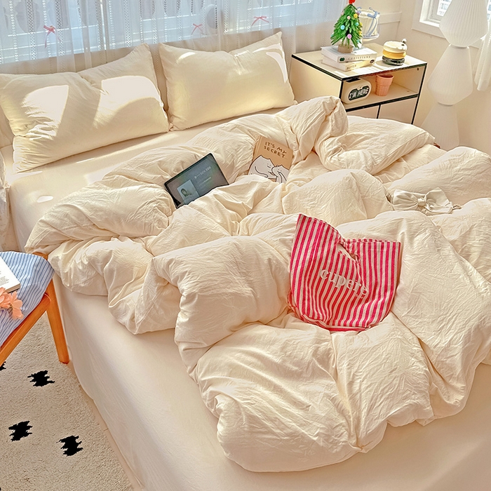 91家纺网 家纺一手货源 找家纺 繁花家居 2025新款高克重撞色水洗棉四件套 可可白