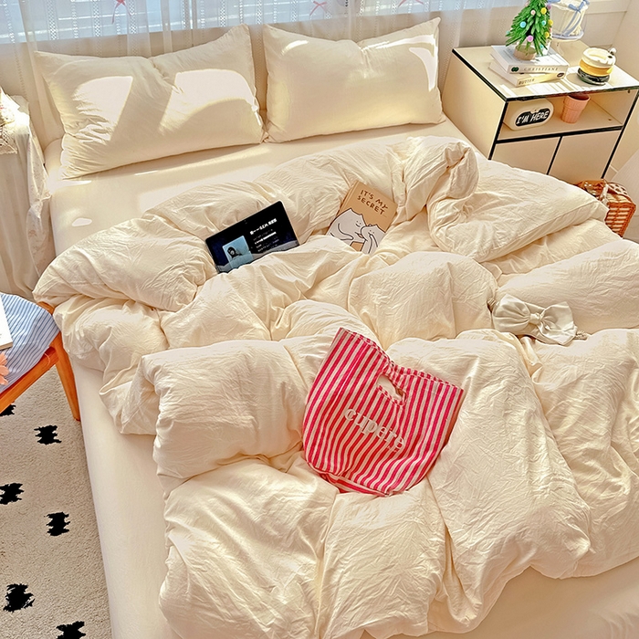 91家纺网 家纺一手货源 找家纺 繁花家居 2025新款高克重撞色水洗棉四件套 可可白