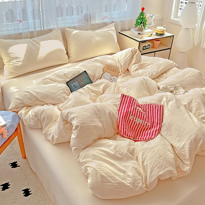 91家纺网 家纺一手货源 找家纺 繁花家居 2025新款高克重撞色水洗棉四件套 可可白